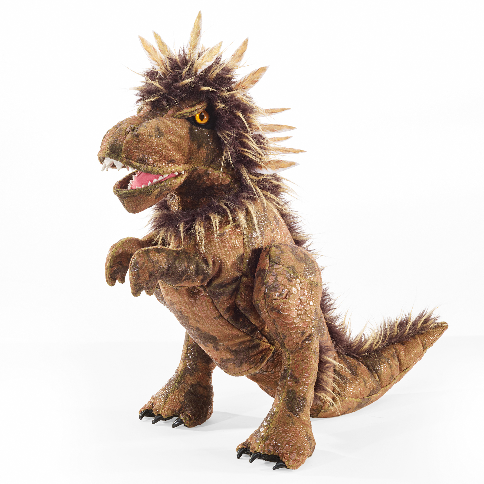 Folkmanis Handpuppe gefiederter Tyrannosaurus Rex, stehend in Vorderansicht mit spitzen Federn am Kopf und geöffnetem Maul voller Zähne.