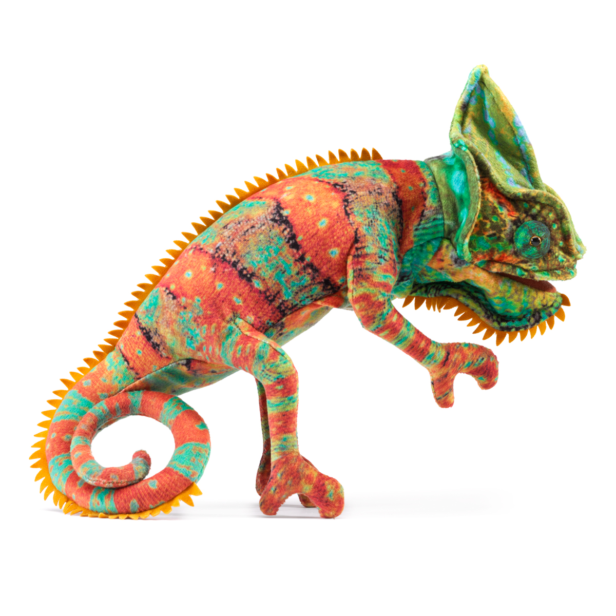 Folkmanis hand puppet small chameleon in side view with a curled tail, orange dorsal crest, and red-turquoise pattern