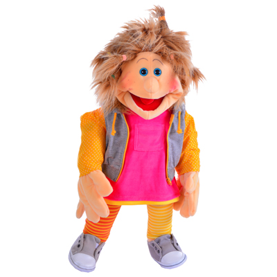 Living Puppets Handpuppe Lana mit strubbeligen hellbraunen Haaren, pinkem Kleid, grauer Kapuzenweste und orange-gelb gestreiften Leggings
