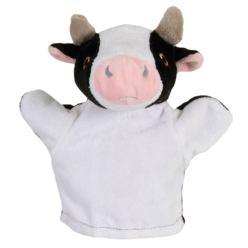 The Puppet Company baby hand puppet cow, black and white puppet with a pink nose and small horns