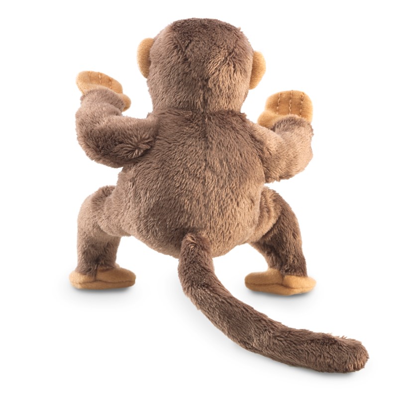 Folkmanis mini monkey finger puppet in brown, back view showing long tail and beige palms