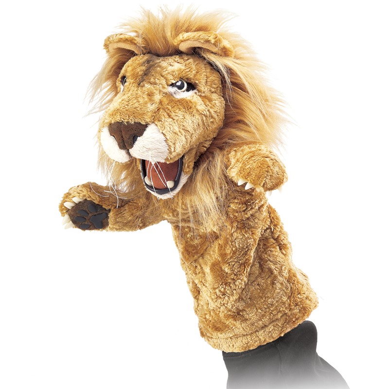 Folkmanis lion hand puppet in side view with open mouth, golden-brown plush fur and full mane, worn on hand
