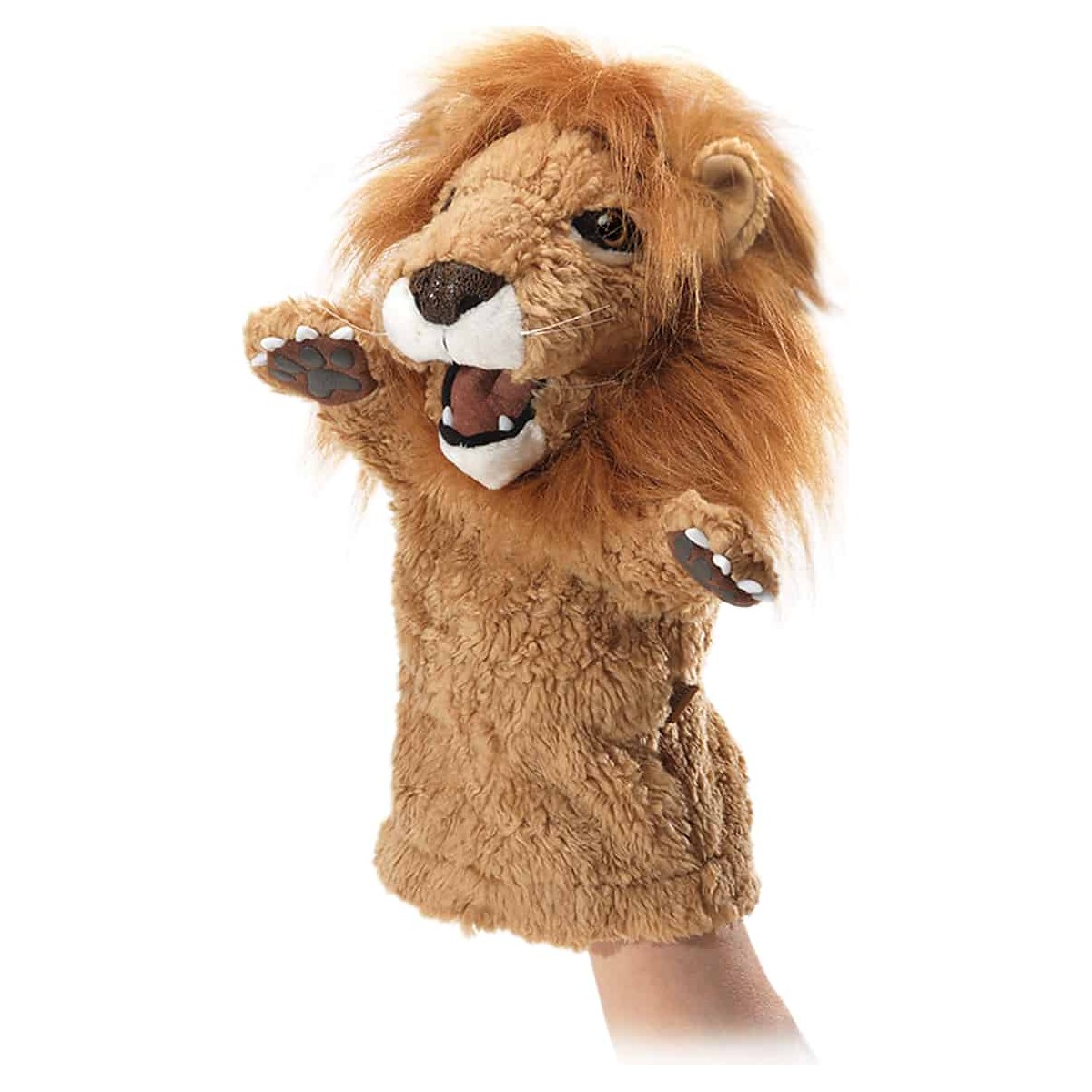 Folkmanis Löwe Handpuppe in Seitenansicht mit geöffnetem Maul, goldbraunem Plüschfell und voller Mähne, an Hand geführt