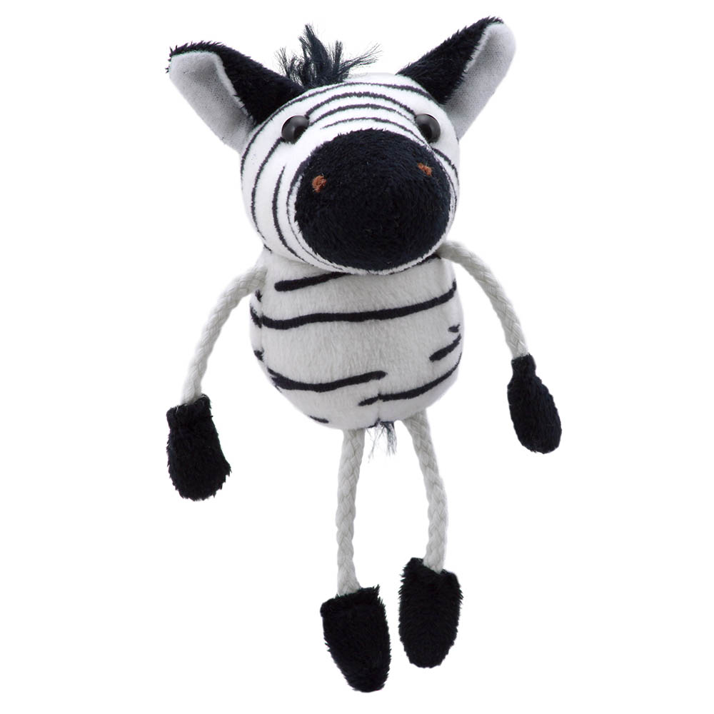 The Puppet Company Fingerpuppe Zebra, schwarz-weiß gestreiftes Zebra mit langen Stoffbeinen und schwarzen Hufen