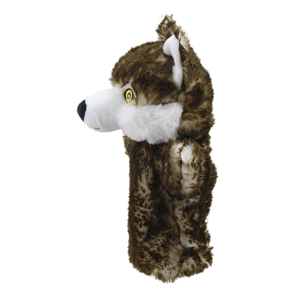 The Puppet Company baby hand puppet wolf, grey-brown wolf with a white muzzle, side view