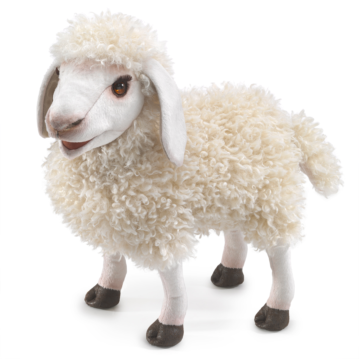 Folkmanis Handpuppe Wolliges Schaf mit lockigem cremefarbenem Fell, beweglichem Maul und dunklen Hufen, Schrägansicht