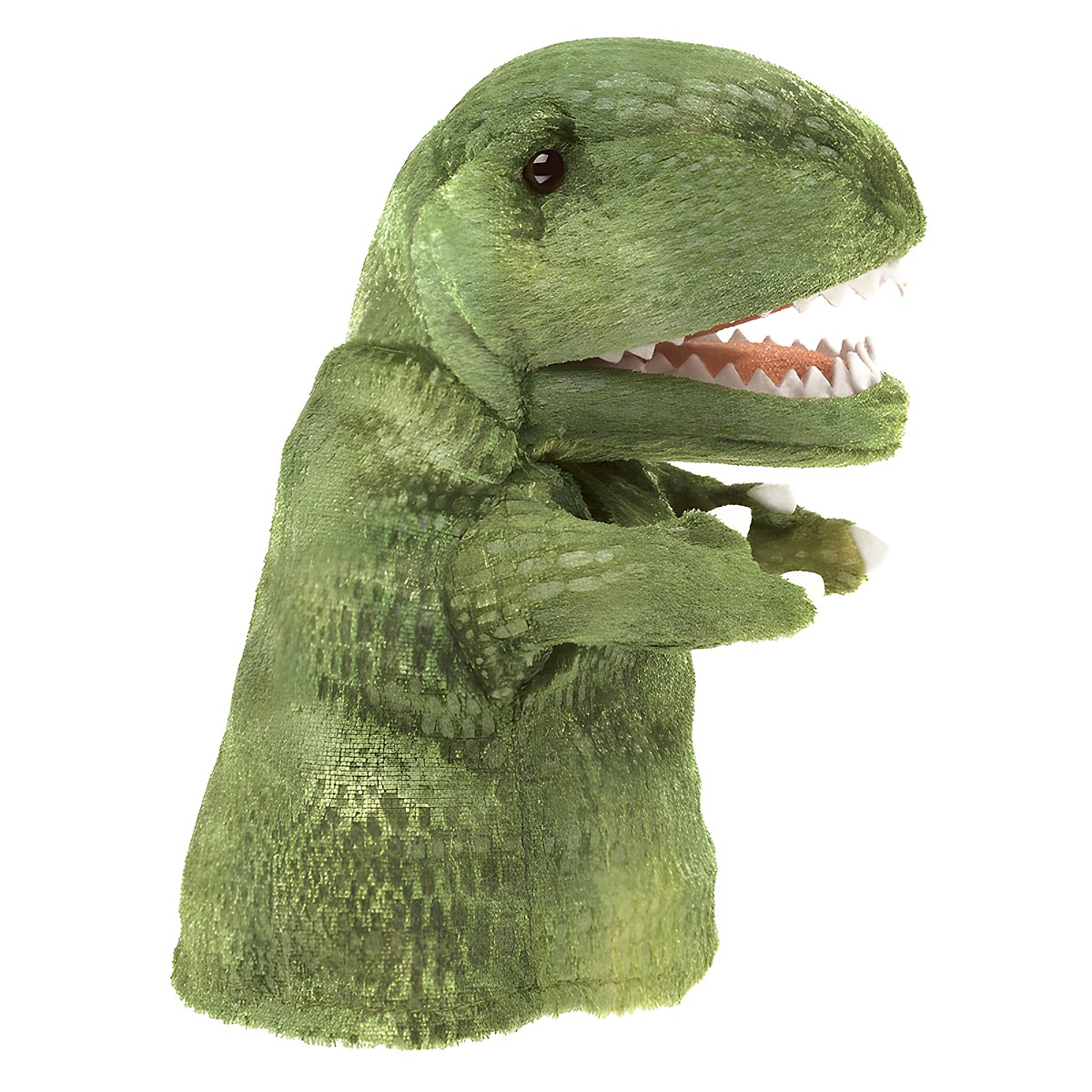 Folkmanis hand puppet small T-Rex in green with open mouth and visible teeth, side view