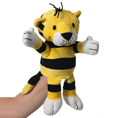 Heunec hand puppet Little Tiger, yellow and black striped plush puppet with white paws, worn on a hand