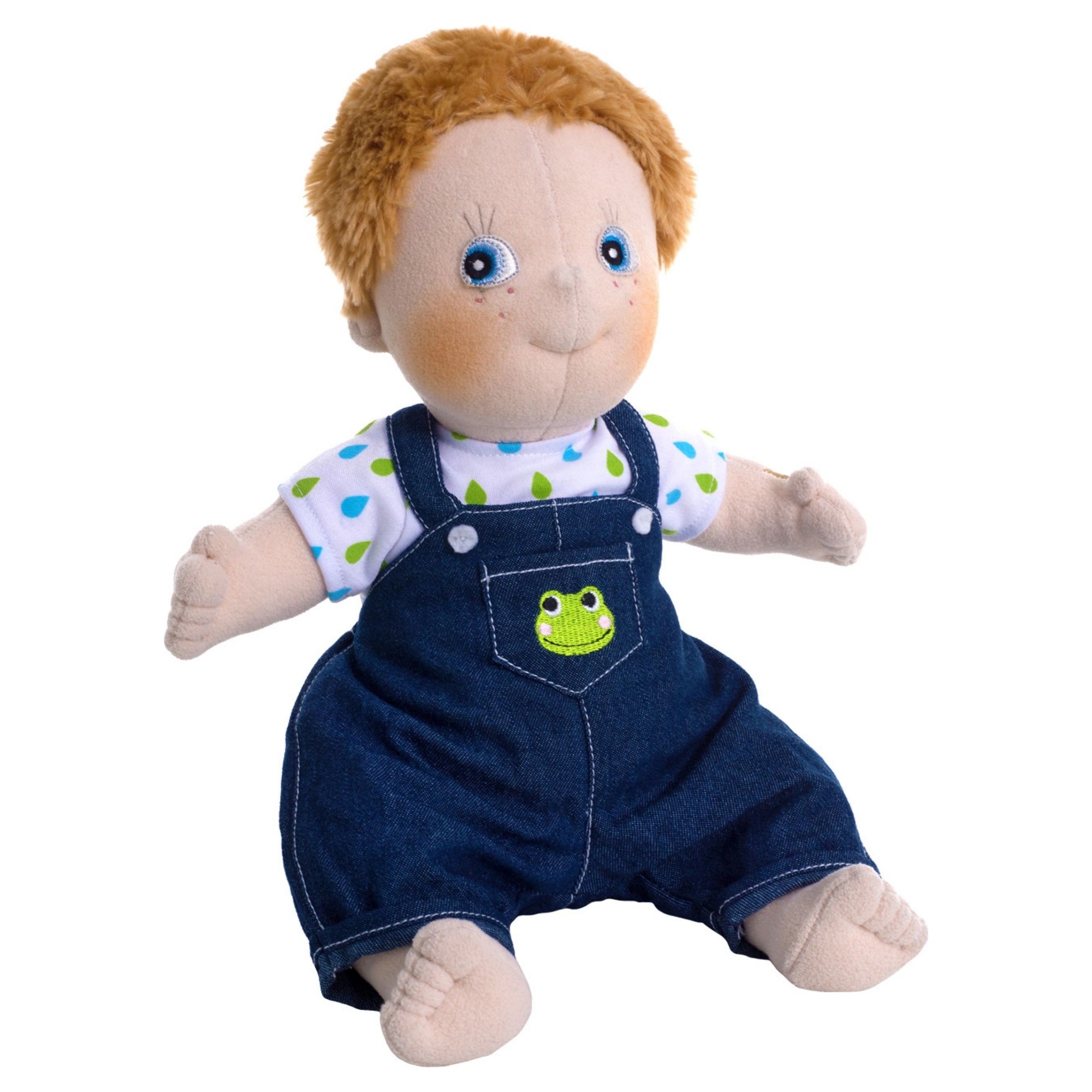 Rubens Kids doll Jonathan with denim dungarees with frog applique and dotted shirt