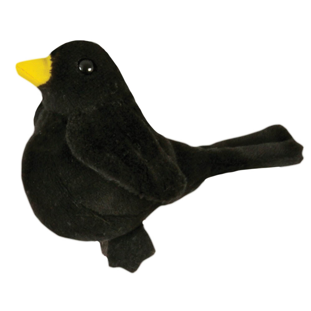 The Puppet Company Gartenvogel-Fingerpuppe Amsel, schwarzer Vogel mit gelbem Schnabel, Seitenansicht