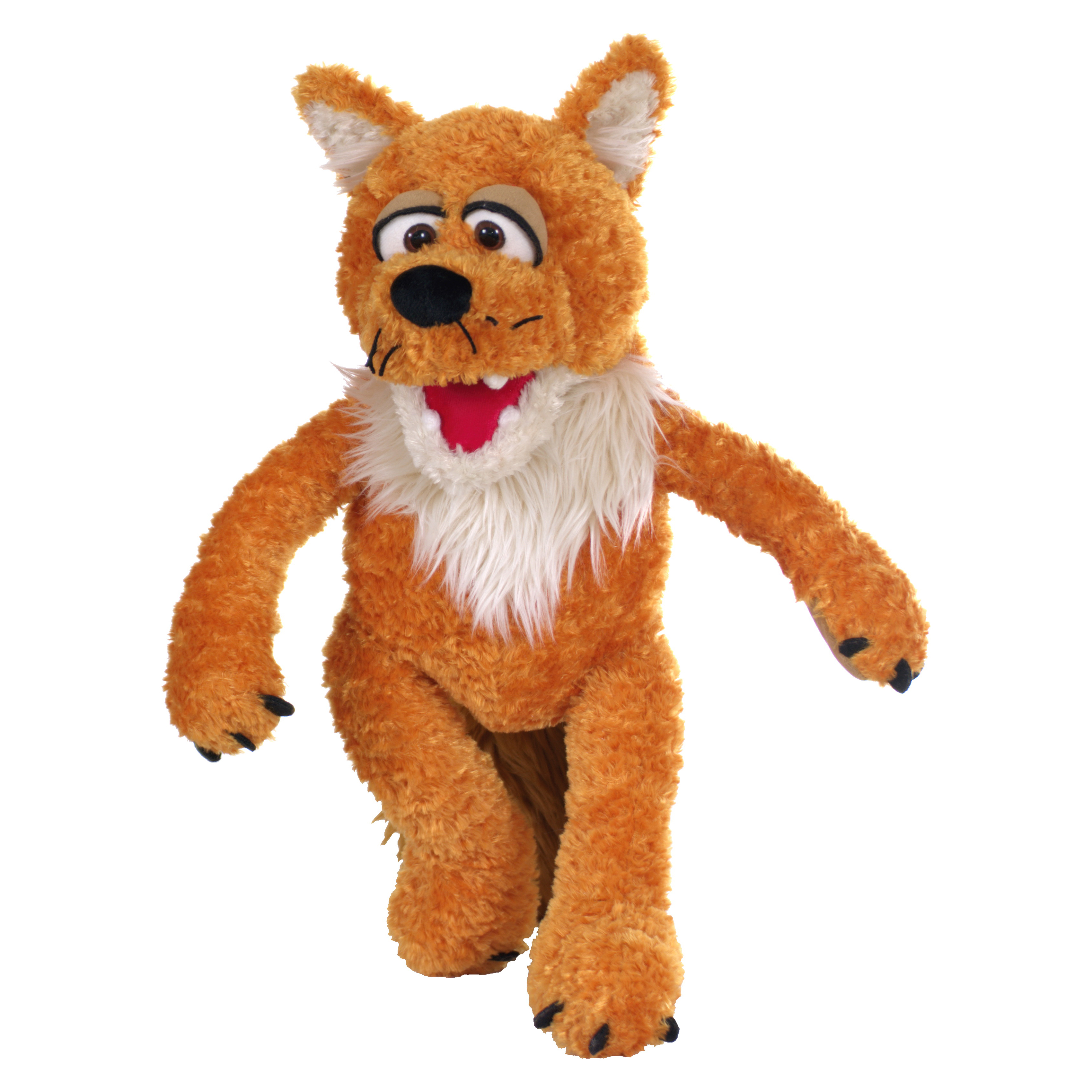 Living Puppets hand puppet Mr. Fox, orange-brown fox with white chest fur, a black nose and an open mouth, standing