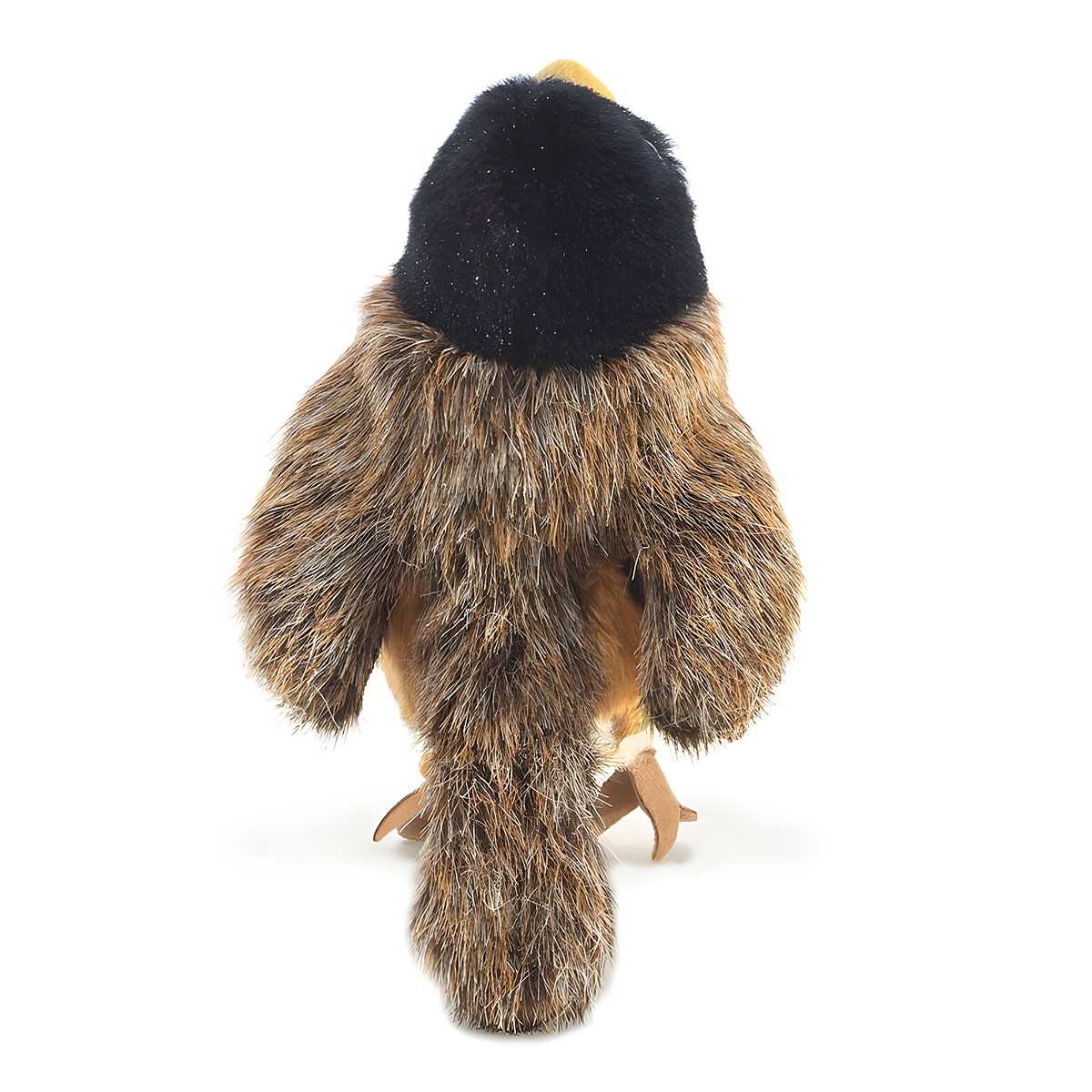 Folkmanis Fingerpuppe mini Rotkehlchen (Wanderdrossel) von hinten mit schwarzem Kopf, braun-gesprenkeltem Gefieder und Vogelkrallen