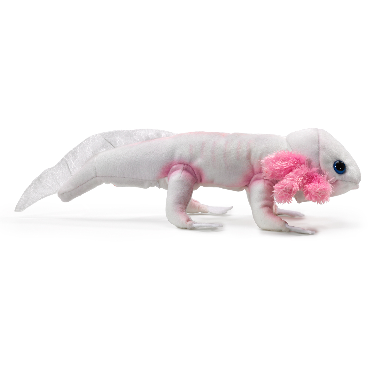 Folkmanis Fingerpuppe Axolotl in Weiß mit rosa Kiemenbüscheln und blauen Augen, Seitenansicht