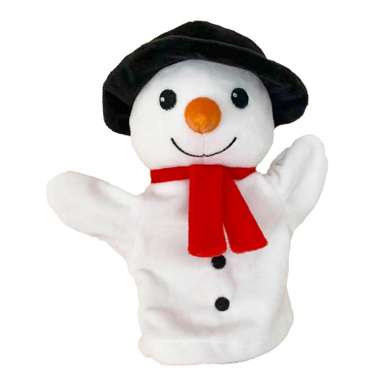 The Puppet Company baby hand puppet snowman, white puppet with a black hat and red scarf, front view