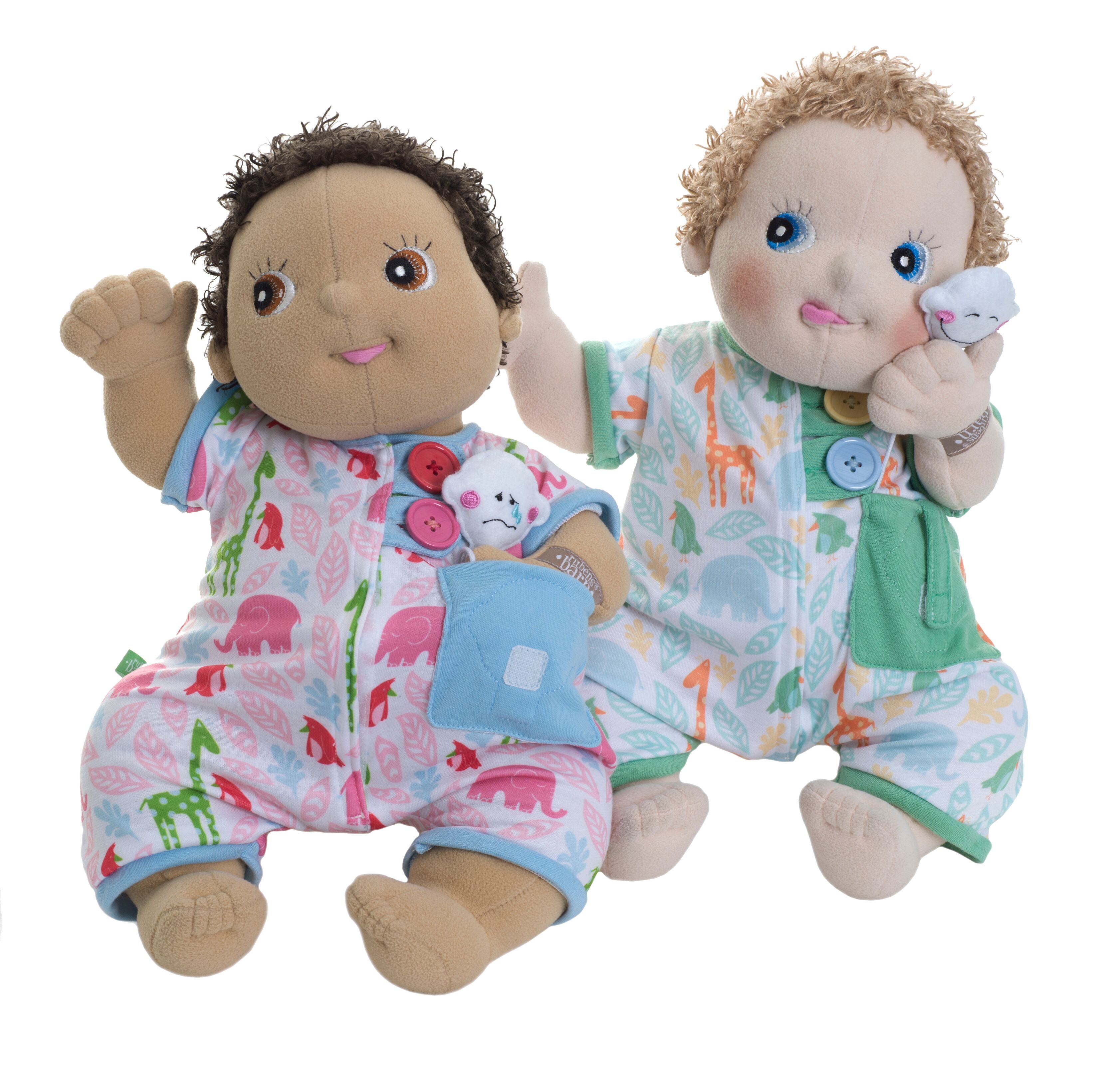 Rubens Barn Puppen in den Pocket-Friends-Schlafanzügen in Pink und Grün mit Taschentierchen