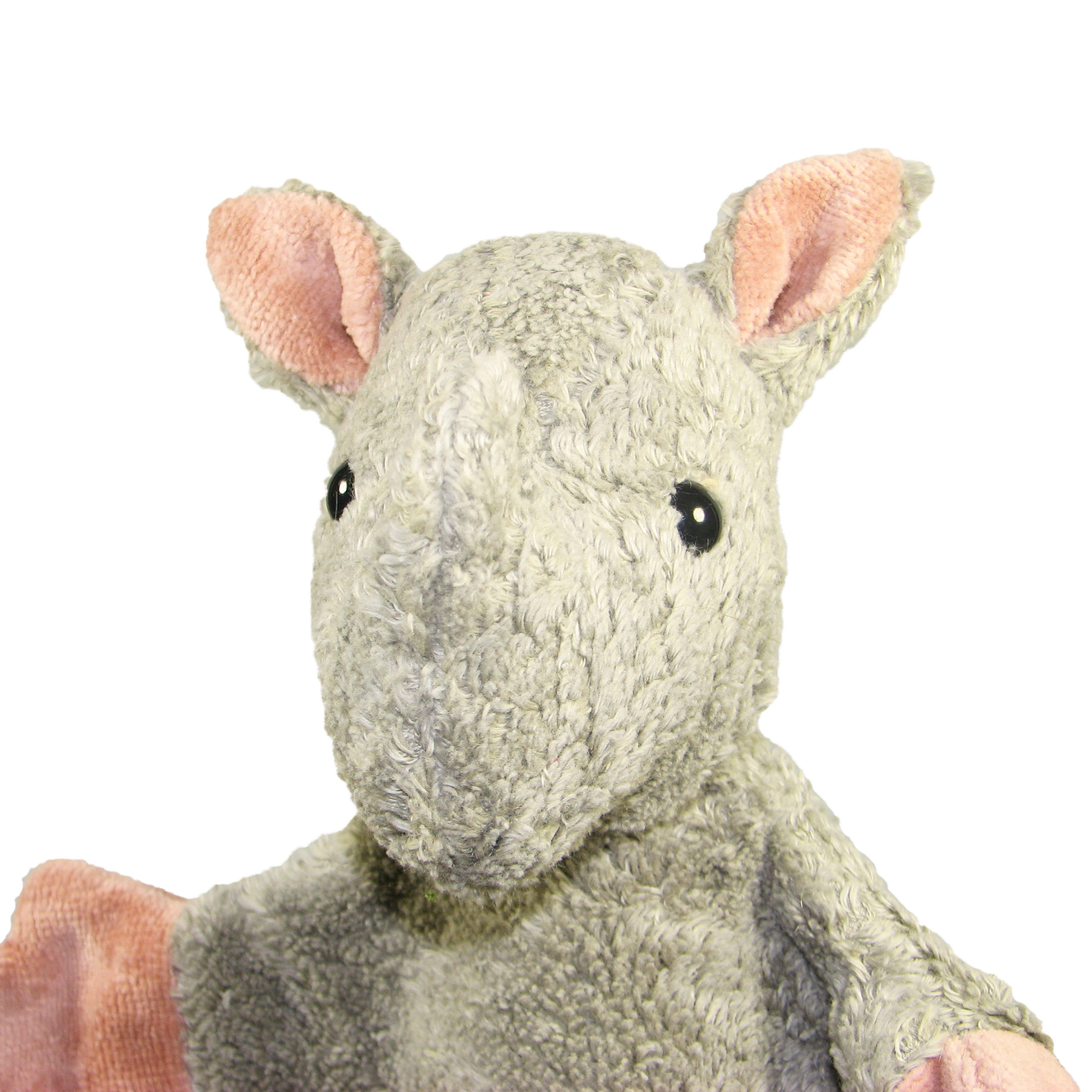 Kallisto hand puppet rhino, head portrait with pointed ears showing pink insides and grey-green fur