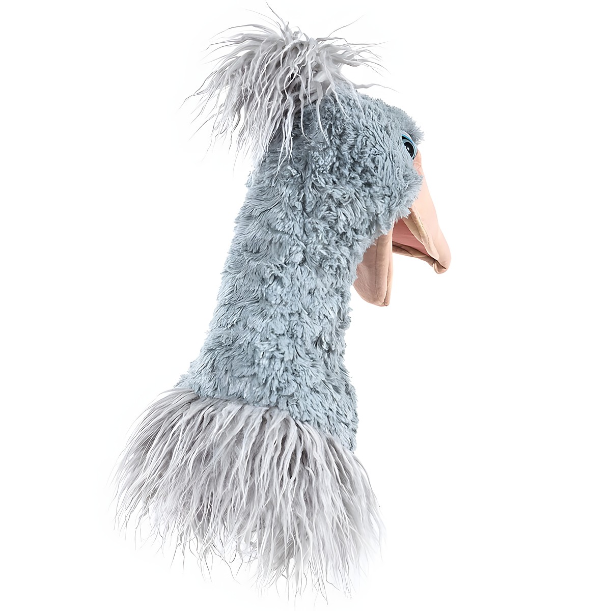 Folkmanis Shoebill hand puppet in side view: grey-blue plush plumage, long neck, open pink beak