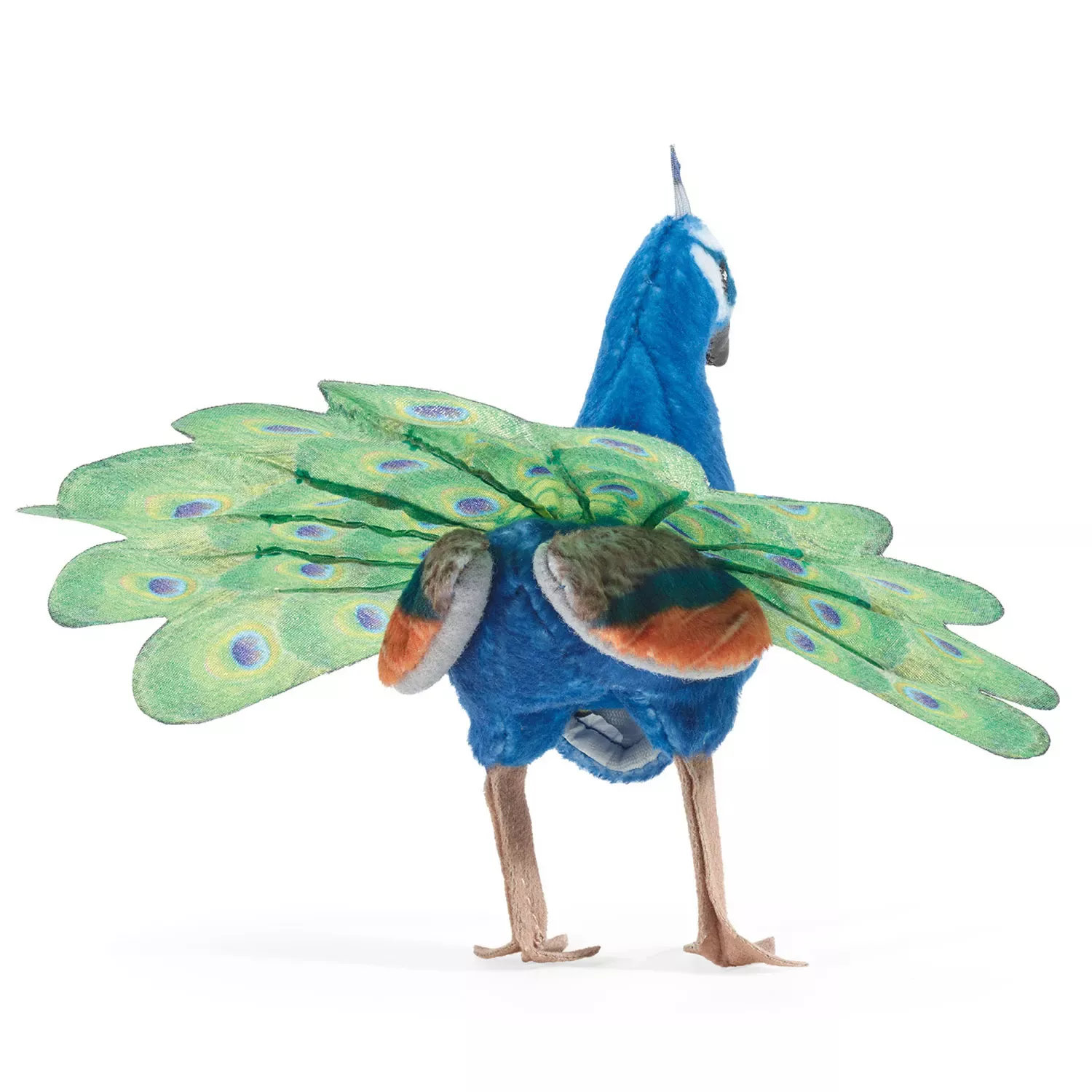 Folkmanis mini finger puppet peacock with fanned-out green-blue tail and detailed printed eye feathers, rear three-quarter view