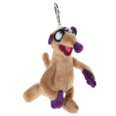 Heunec keyring meerkat Jan, small beige plush character with a purple face and carabiner clip