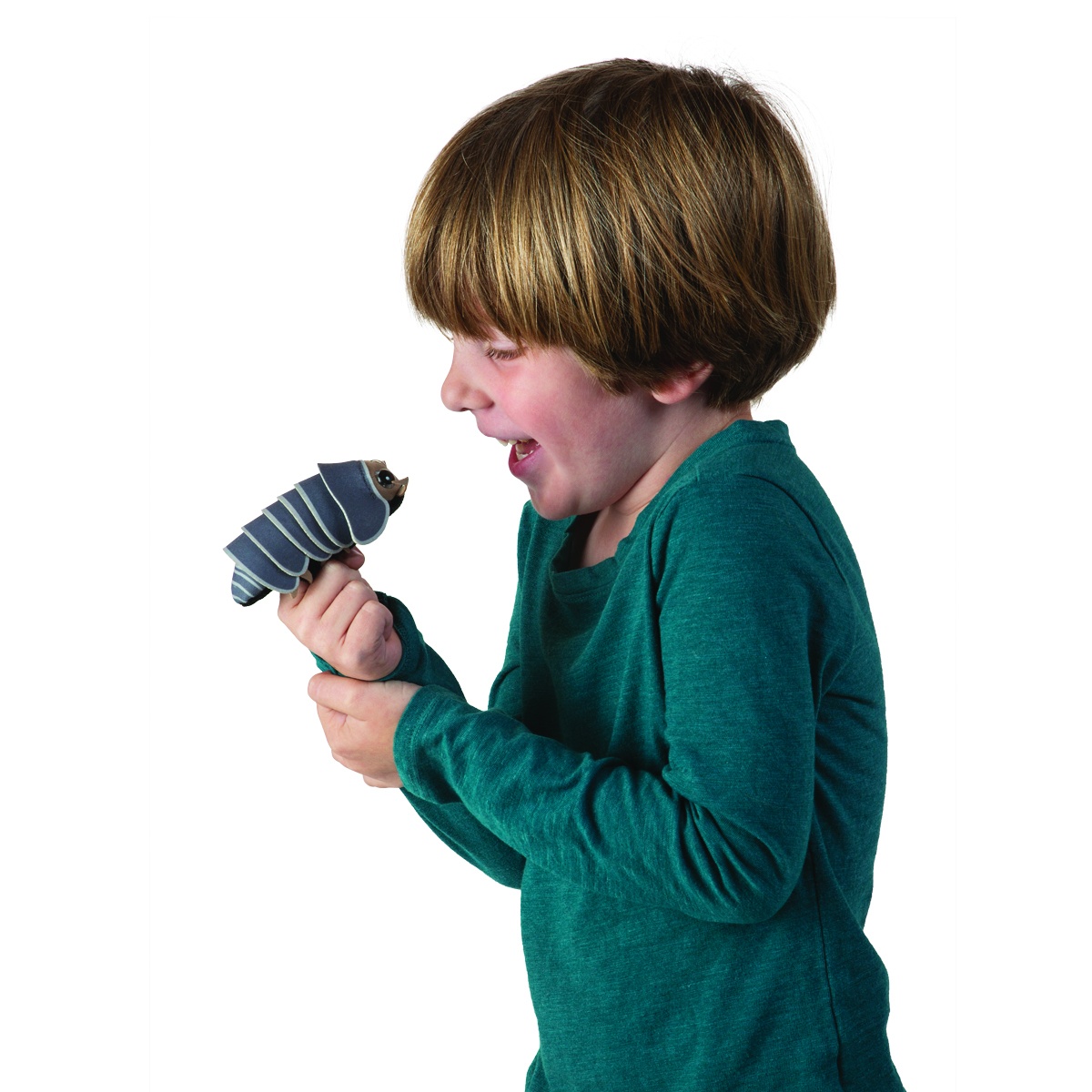 Child holding a Folkmanis mini woodlouse finger puppet in grey with a segmented back on their index finger, side view