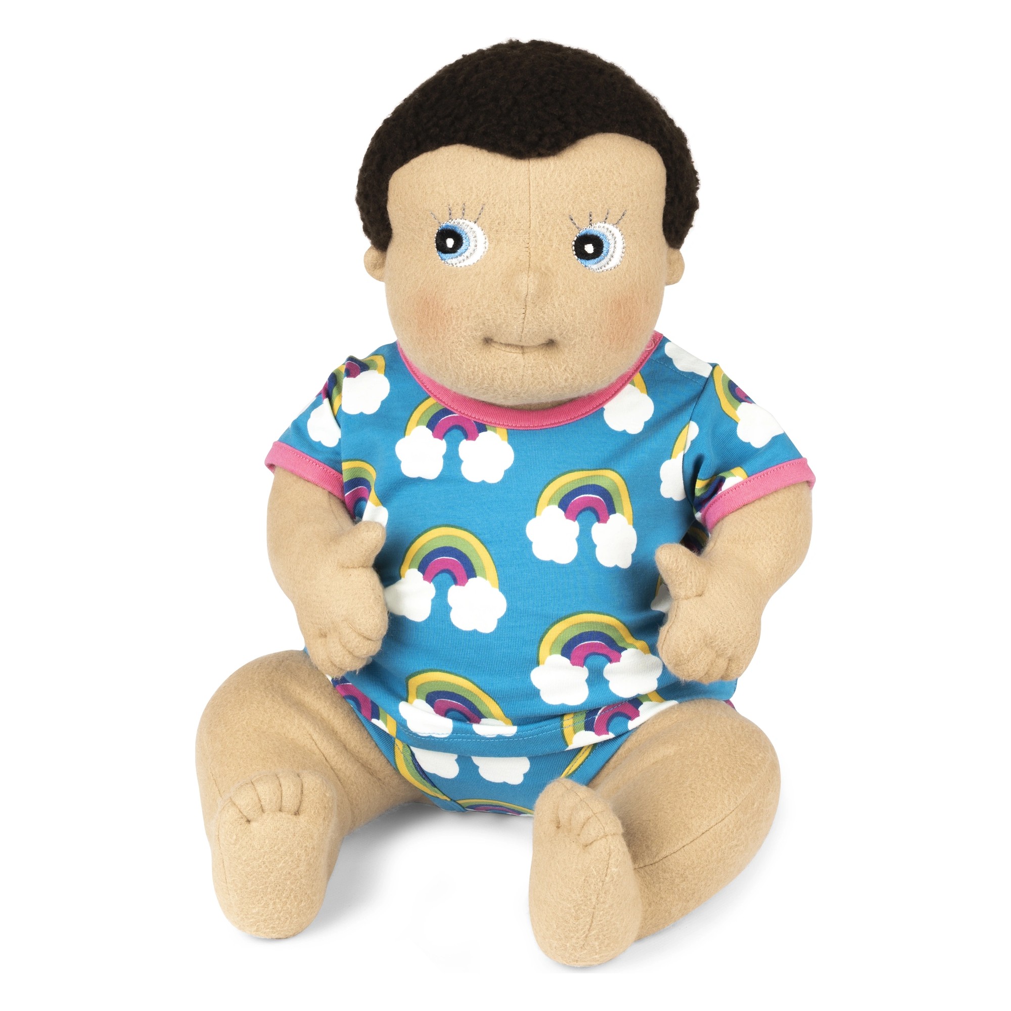 Rubens Barn Baby-Puppe Morra im Maxomorra-Outfit mit Regenbogen-Muster, sitzend