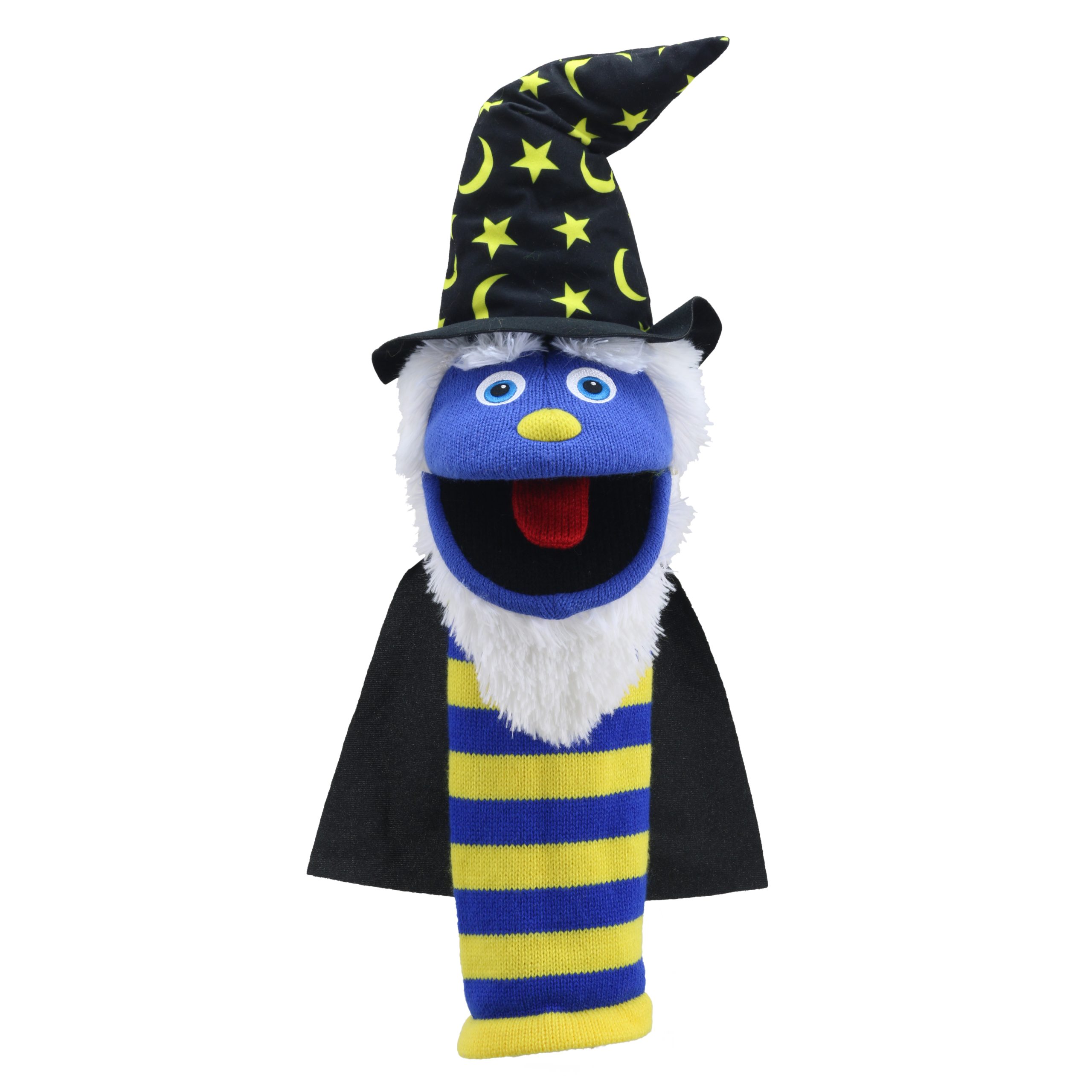 The Puppet Company sock puppet Wizard, blue monster with a star-patterned wizard hat, black cape and white beard