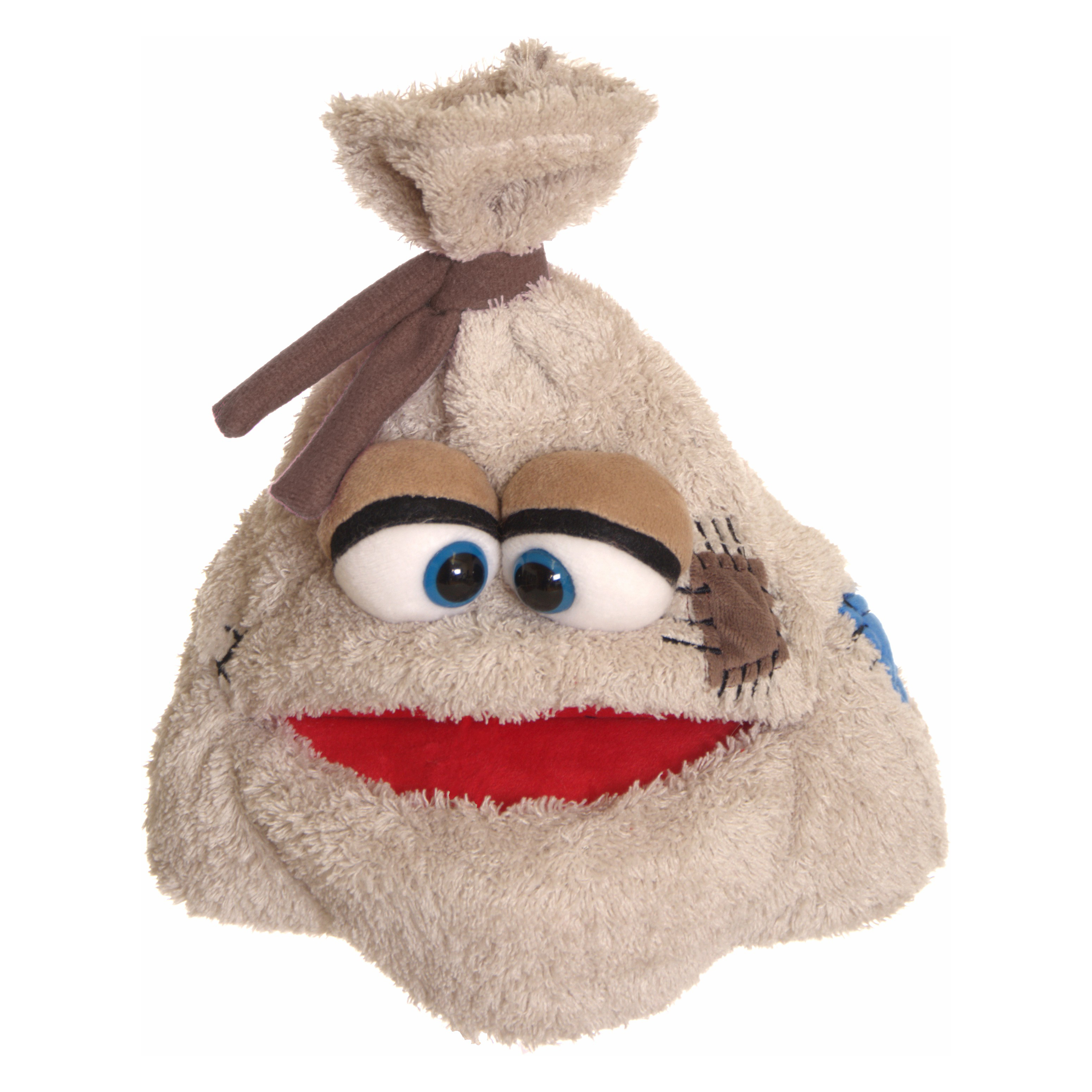 Living Puppets hand puppet Old Sack: beige fabric sack with googly eyes, red moving mouth and patches