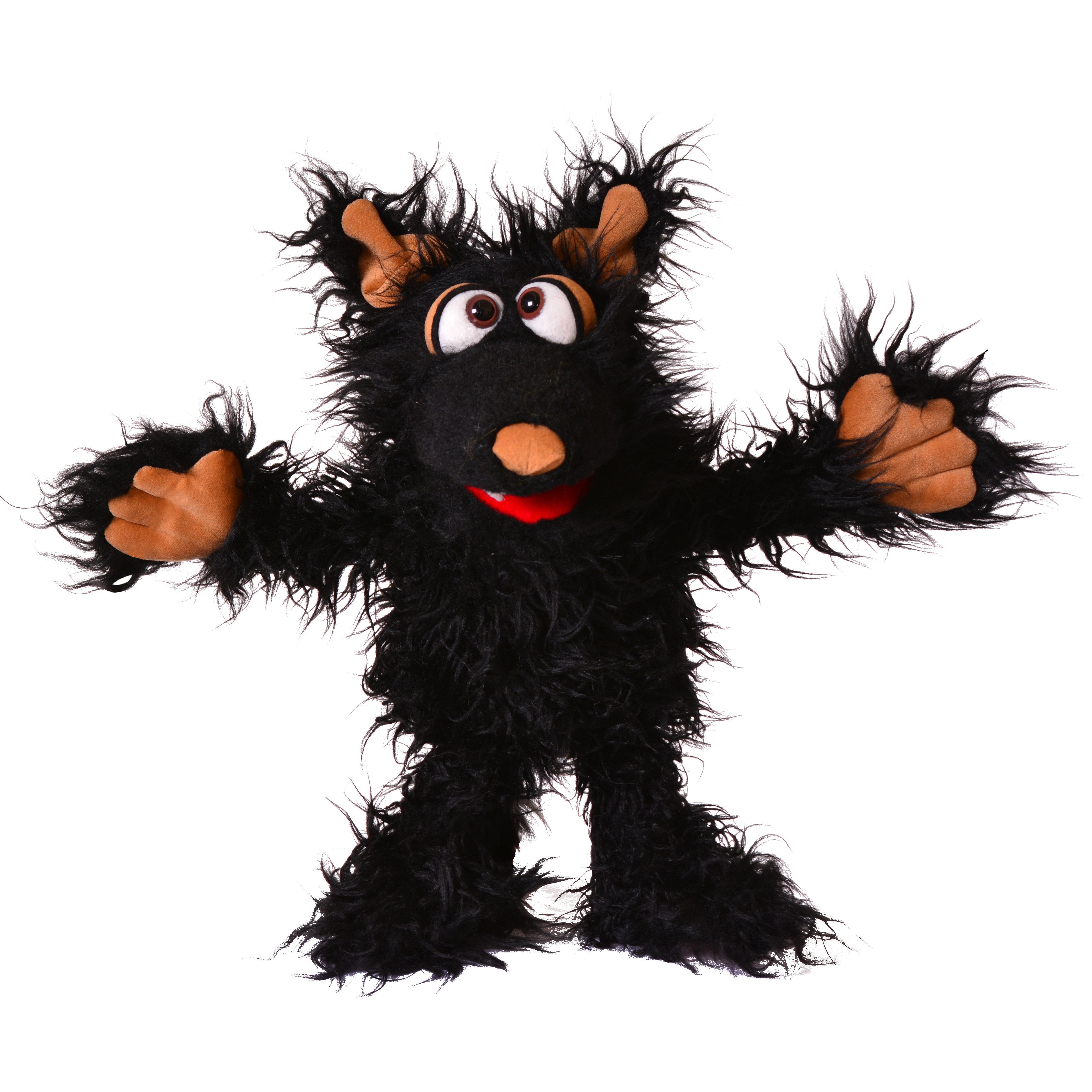 Living Puppets hand puppet Muffi Hapsweg from the Monster to go series, black shaggy wolf with brown ears and paws, arms spread wide