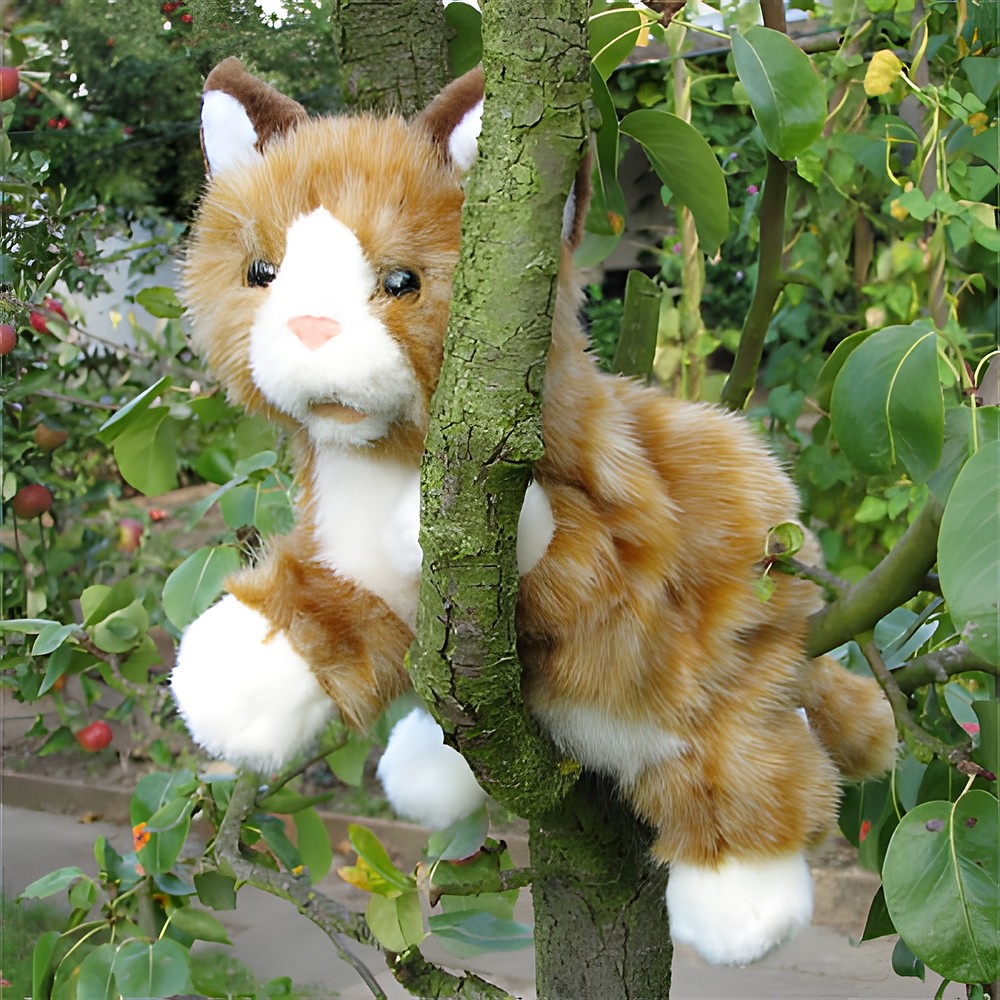 Living Puppets hand puppet brown cat at a tree trunk in the garden