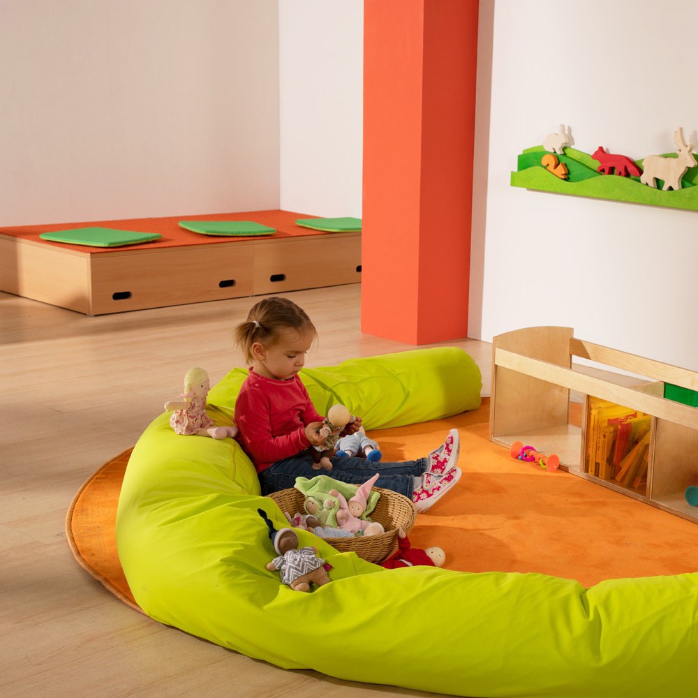 Children playing with the Joyk Treasure Basket set in a play corner with wall shelf