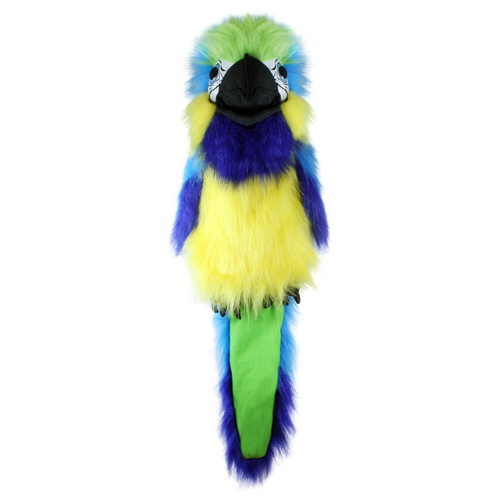 The Puppet Company sound hand puppet blue and gold macaw, blue and yellow parrot with a green head, front view