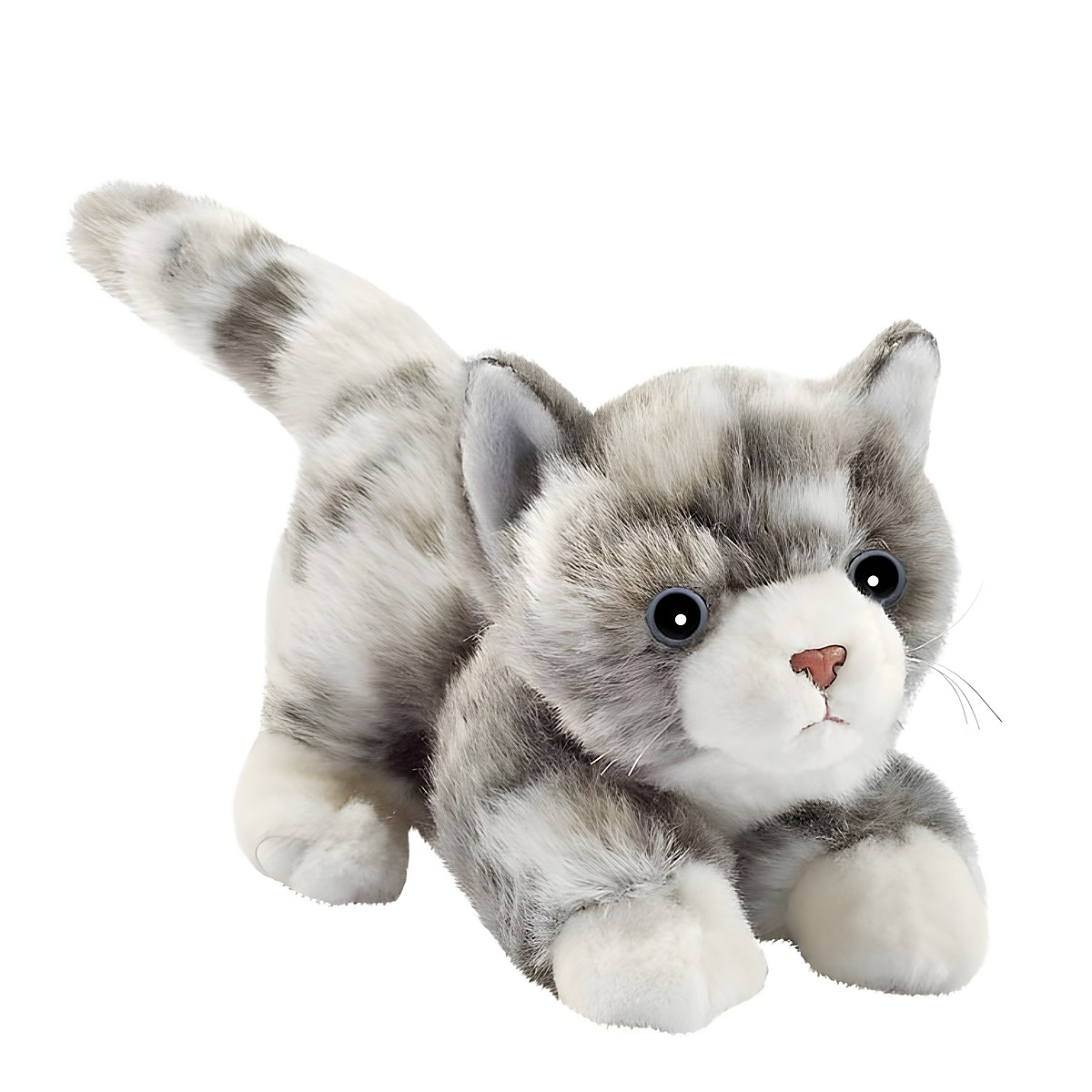 Playful kitten by Anima with grey tabby fur and a white chest, crouching with a raised tail