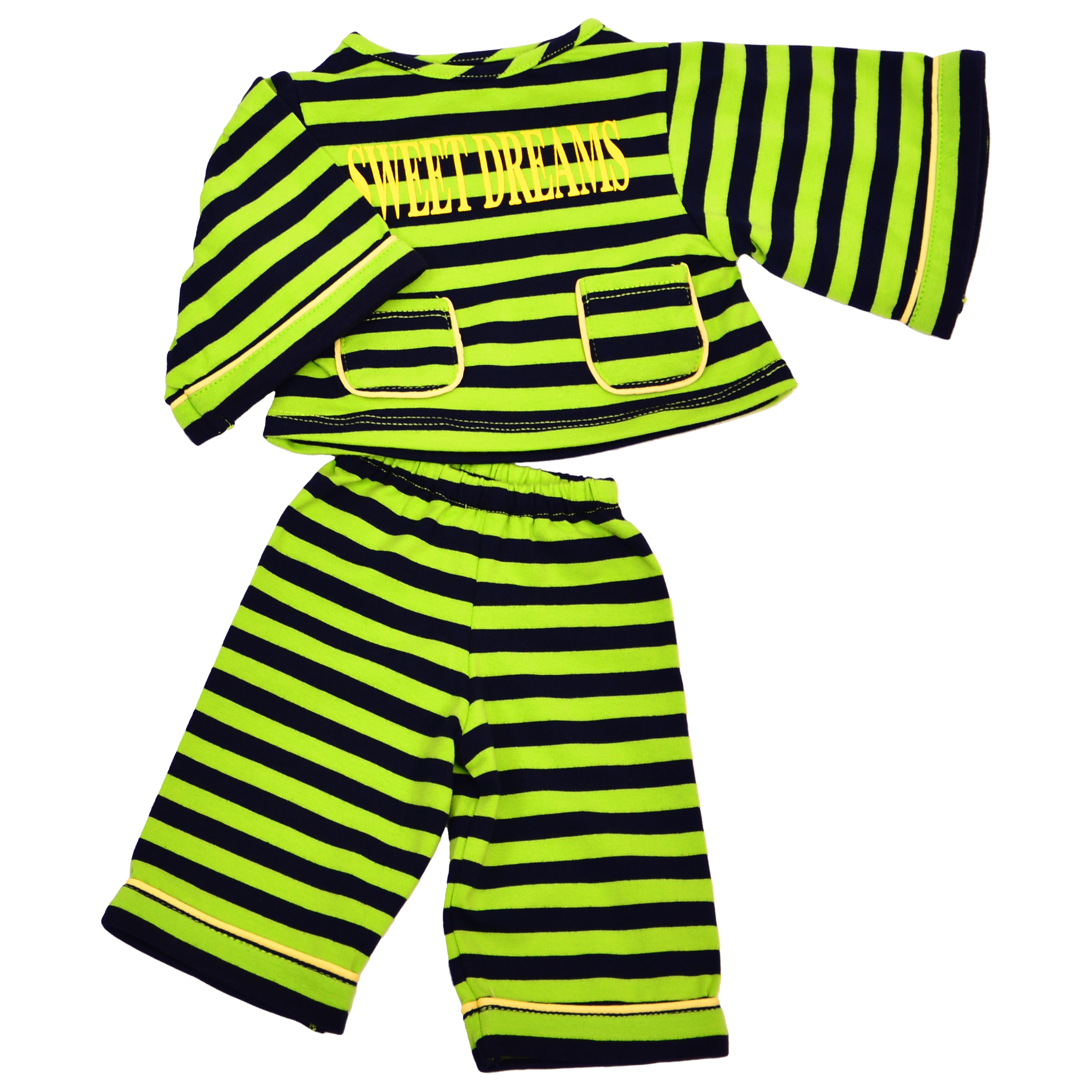 Living Puppets pyjamas for 45 cm hand puppets, green and black striped set with Sweet Dreams lettering, top and trousers
