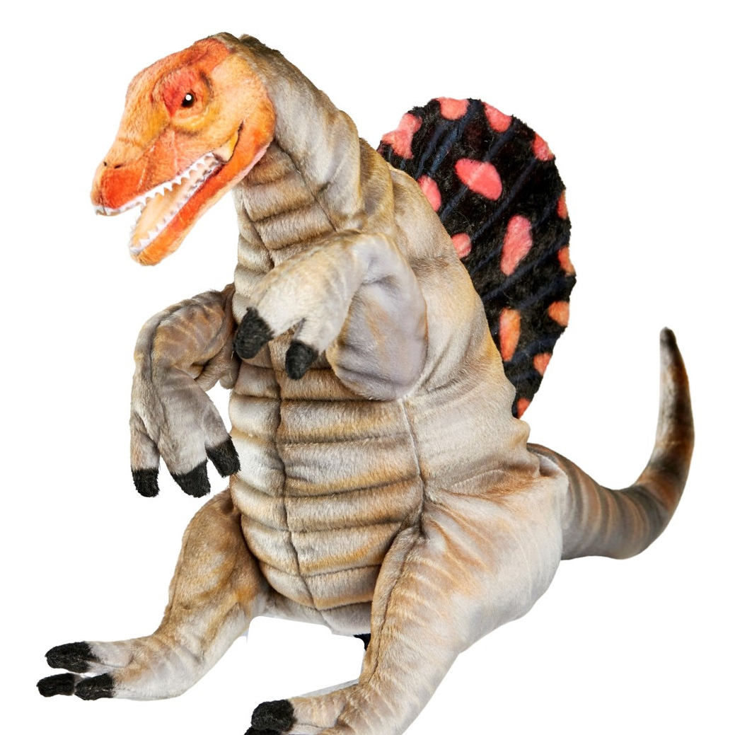 Spinosaurus Handpuppe von Hansa Creation mit gestreiftem Körper, orange geflecktem Rückensegel und geöffnetem Maul
