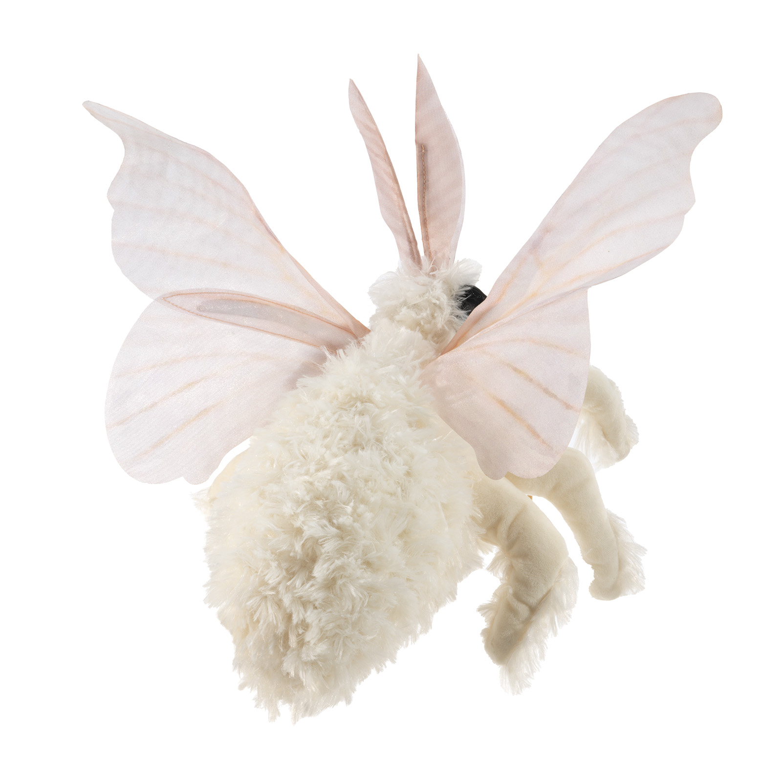 Folkmanis hand puppet poodle moth with a cream fluffy body, delicate pale pink fabric wings and movable legs, shown at an angle