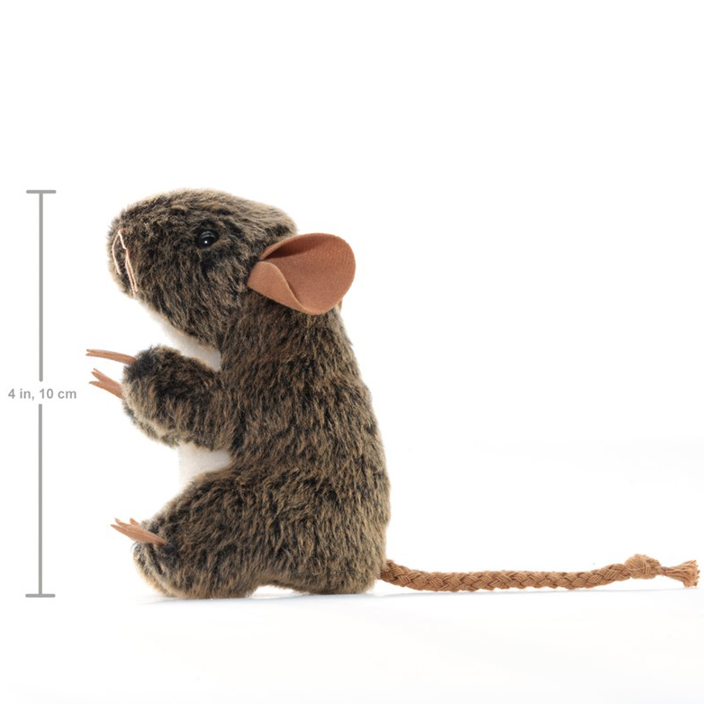 Folkmanis mini field mouse finger puppet shown from the side, brown-grey mottled fur, braided tail, 10 cm tall