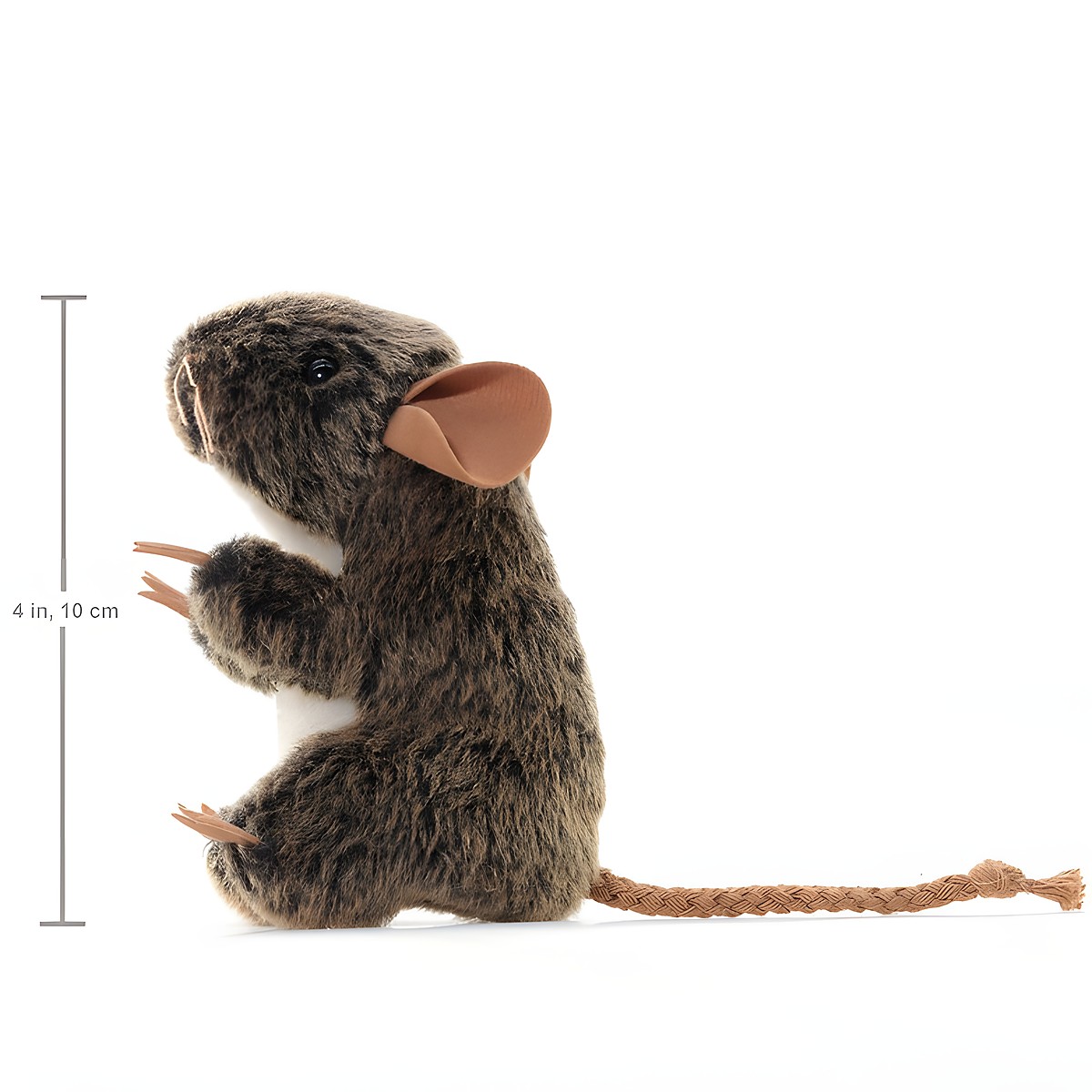 Folkmanis mini field mouse finger puppet shown from the side, brown-grey mottled fur, braided tail, 10 cm tall