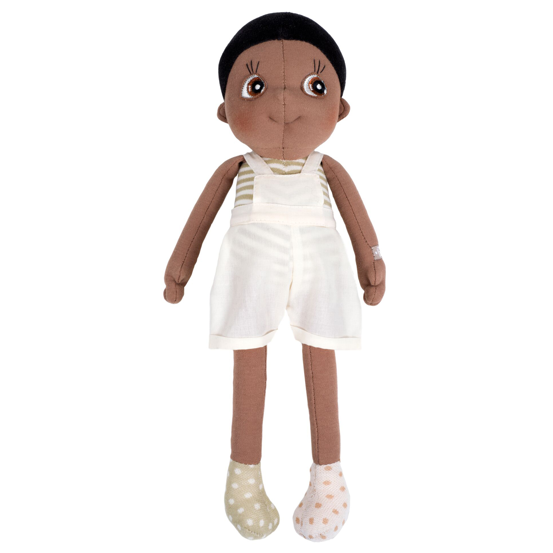 Rubens EcoBuds doll Fern with black hair, striped top and white bib shorts