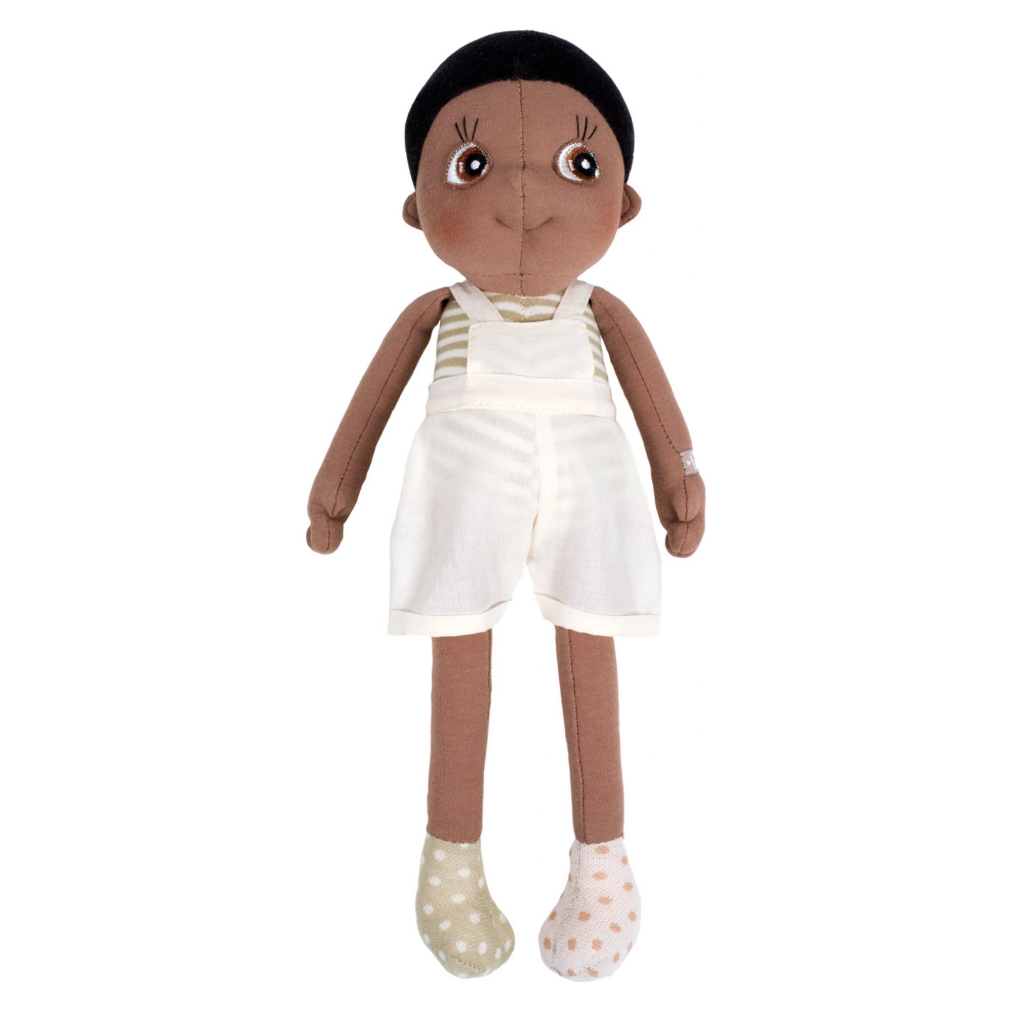 Rubens EcoBuds doll Fern with black hair, striped top and white bib shorts