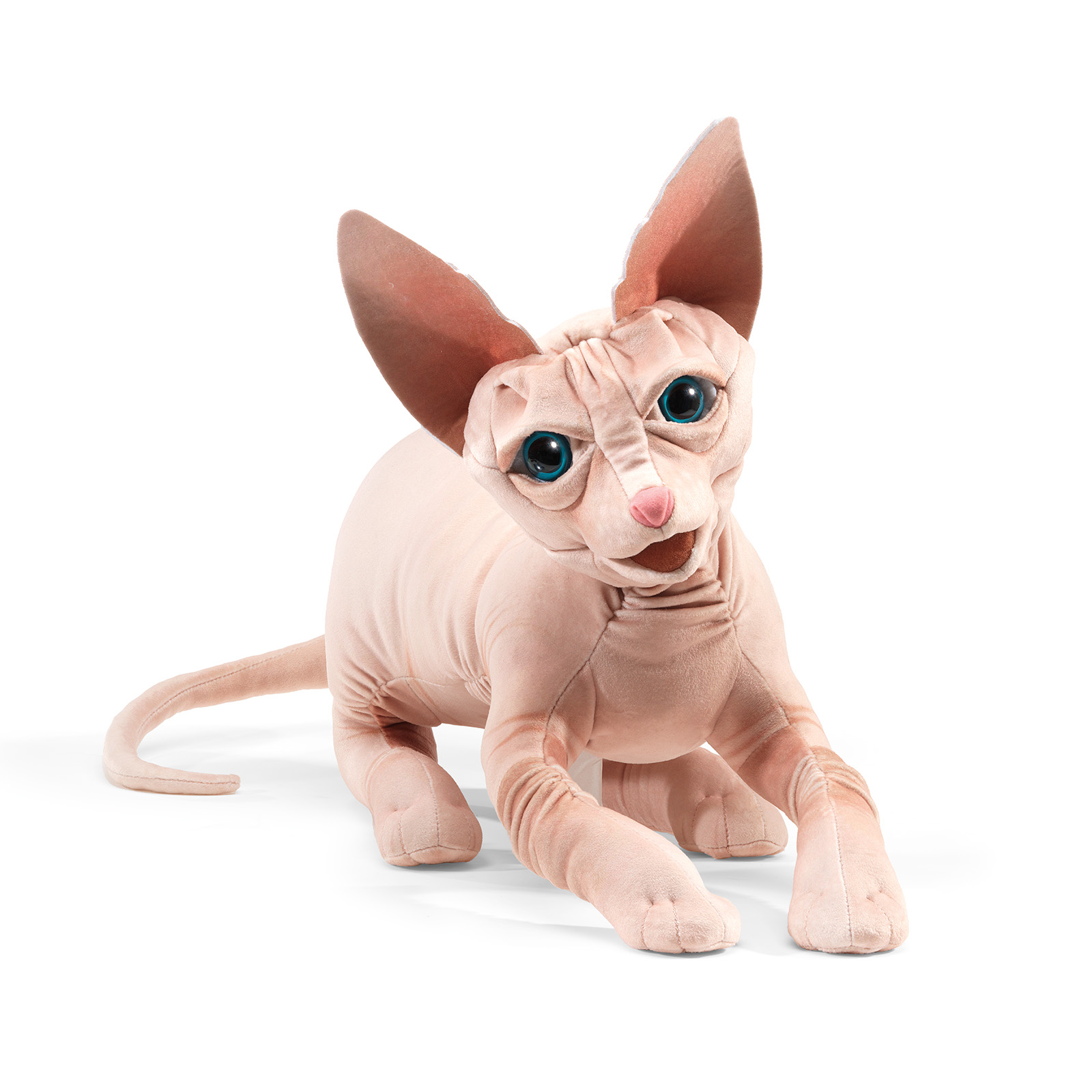 Folkmanis Handpuppe Sphynx Katze in hellem Hautton mit markanten Ohren, blauen Glasaugen und detailliert genähten Falten, leicht vorgebeugte Pose