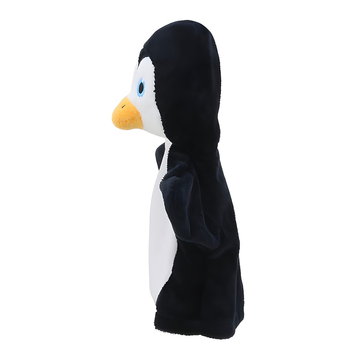 The Puppet Company baby hand puppet penguin, black and white puppet, side view