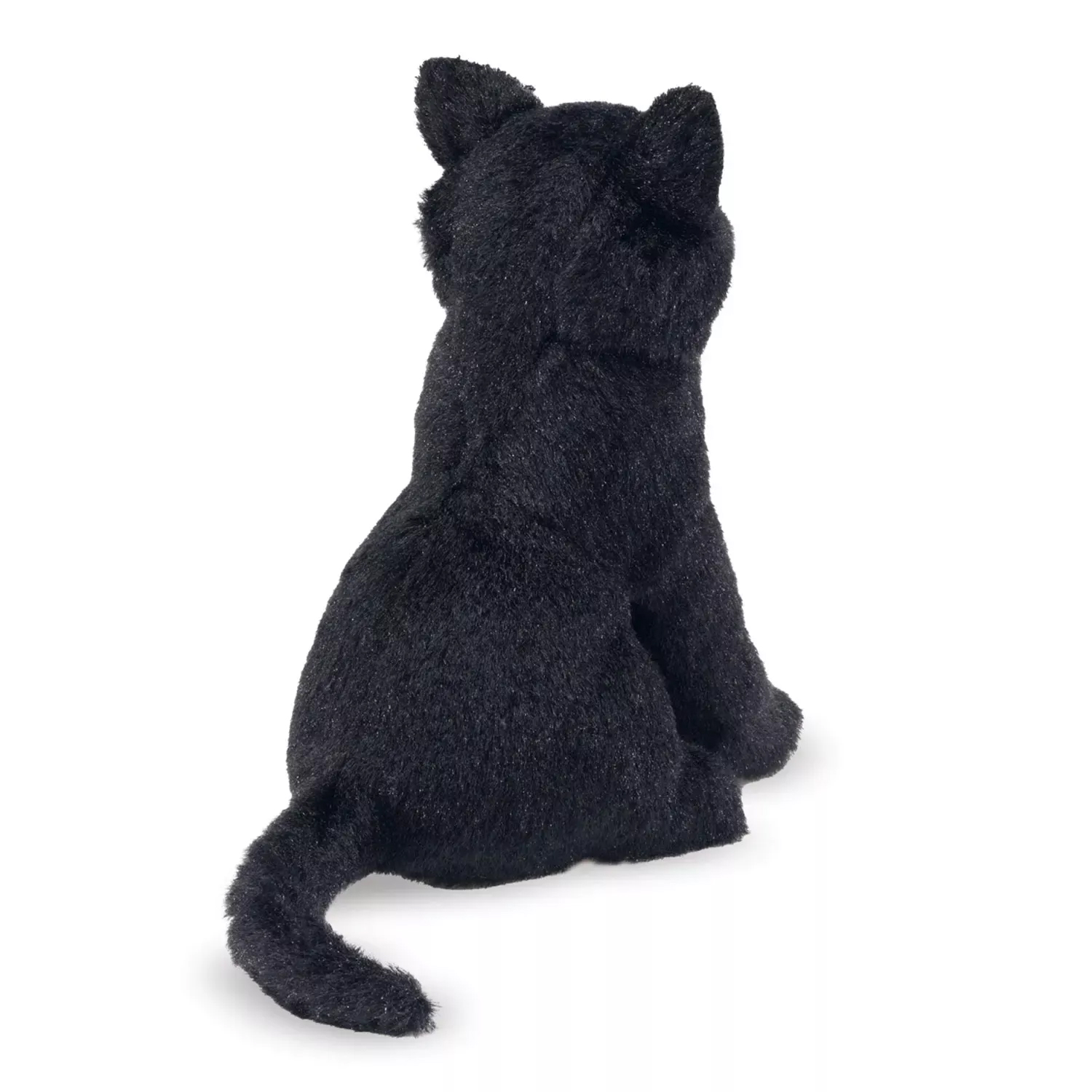 Folkmanis finger puppet black cat in sitting pose, rear view, with bushy tail and black plush fur