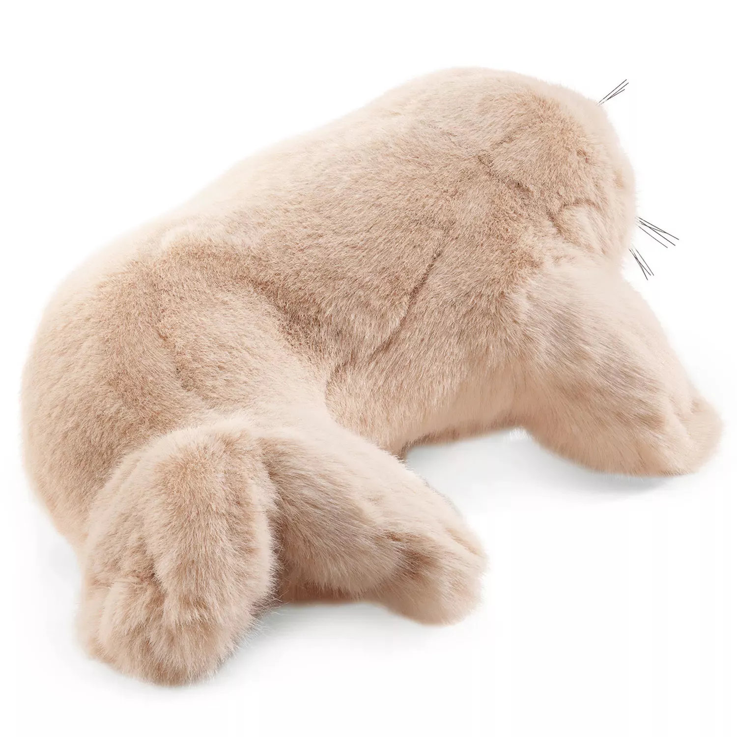 Folkmanis Handpuppe Sattelrobben-Baby in sanftem Beige mit Schnurrhaaren, liegende Pose, Schrägansicht von hinten