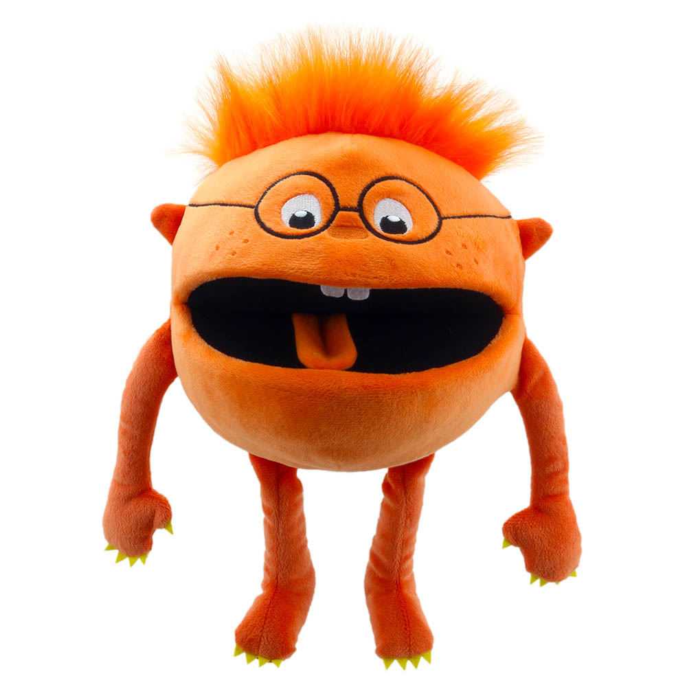 The Puppet Company baby monster hand puppet orange, orange monster with glasses and spiky hair