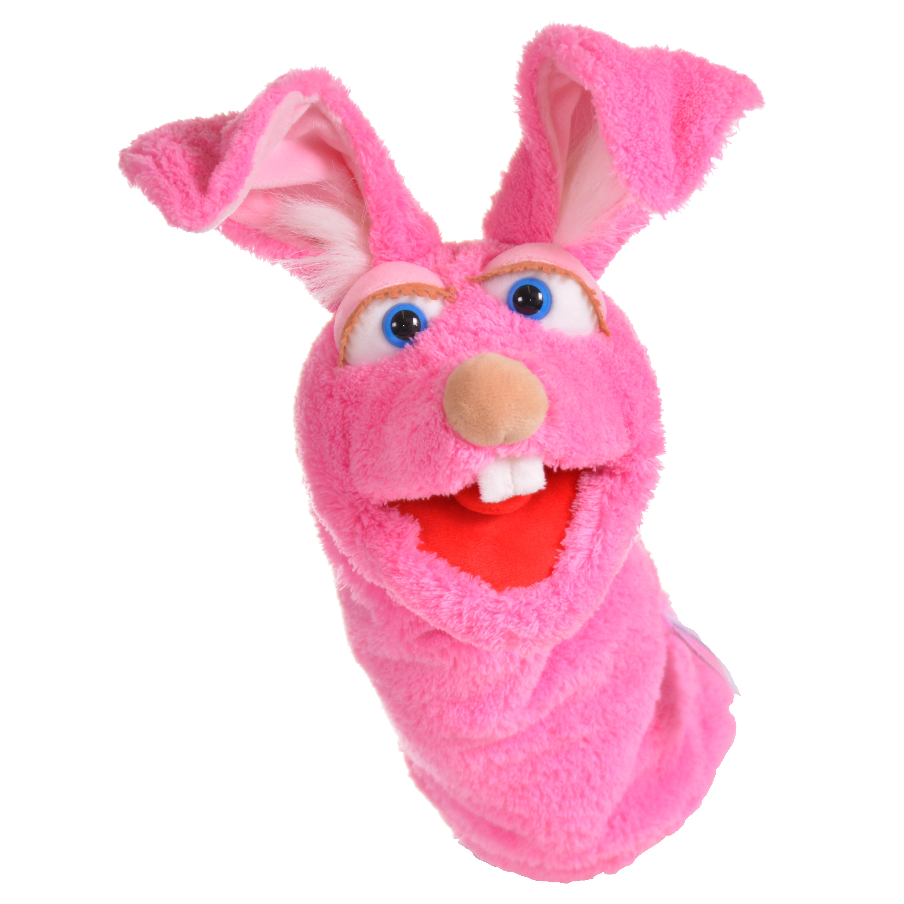 Living Puppets Strumpfhandpuppe Hase Mampfine, pink mit blauen Augen, Hasenzähnen und geöffnetem rotem Mund, Frontansicht