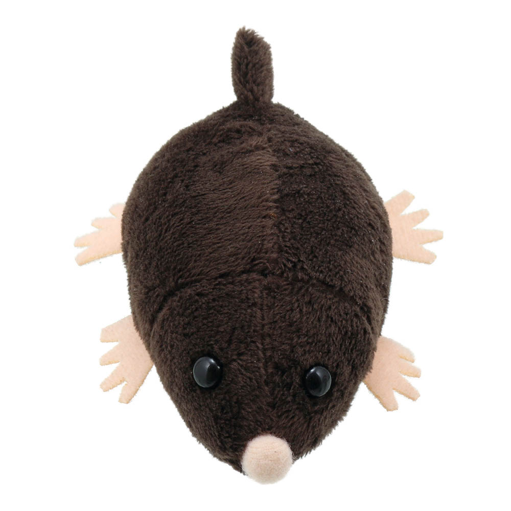 The Puppet Company finger puppet mole, dark brown puppet with a pink nose and pink paws, front view