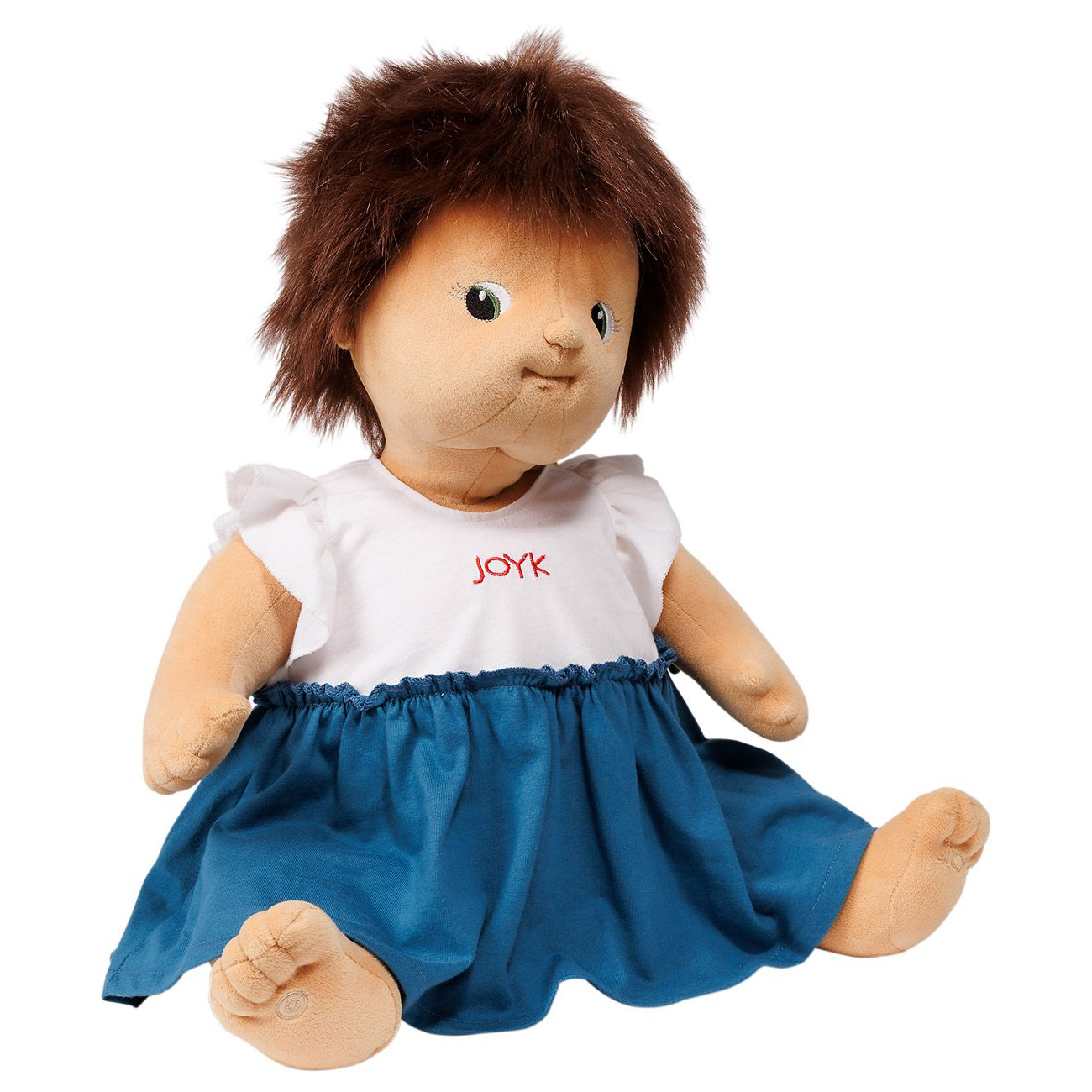 Joyk empathy doll Mandy sitting in a white ruffled shirt and blue skirt