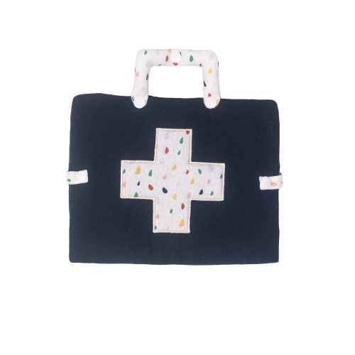 First aid set by Rubens Barn: dark blue fabric bag with patterned cross and carry handle