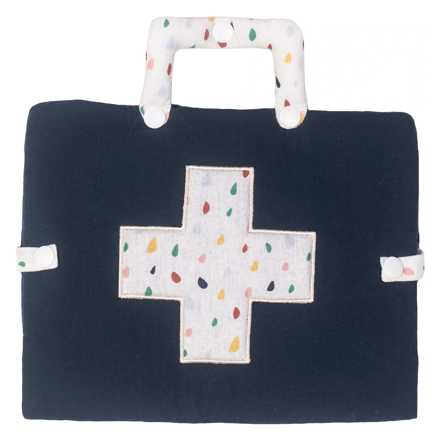 First aid set by Rubens Barn: dark blue fabric bag with patterned cross and carry handle