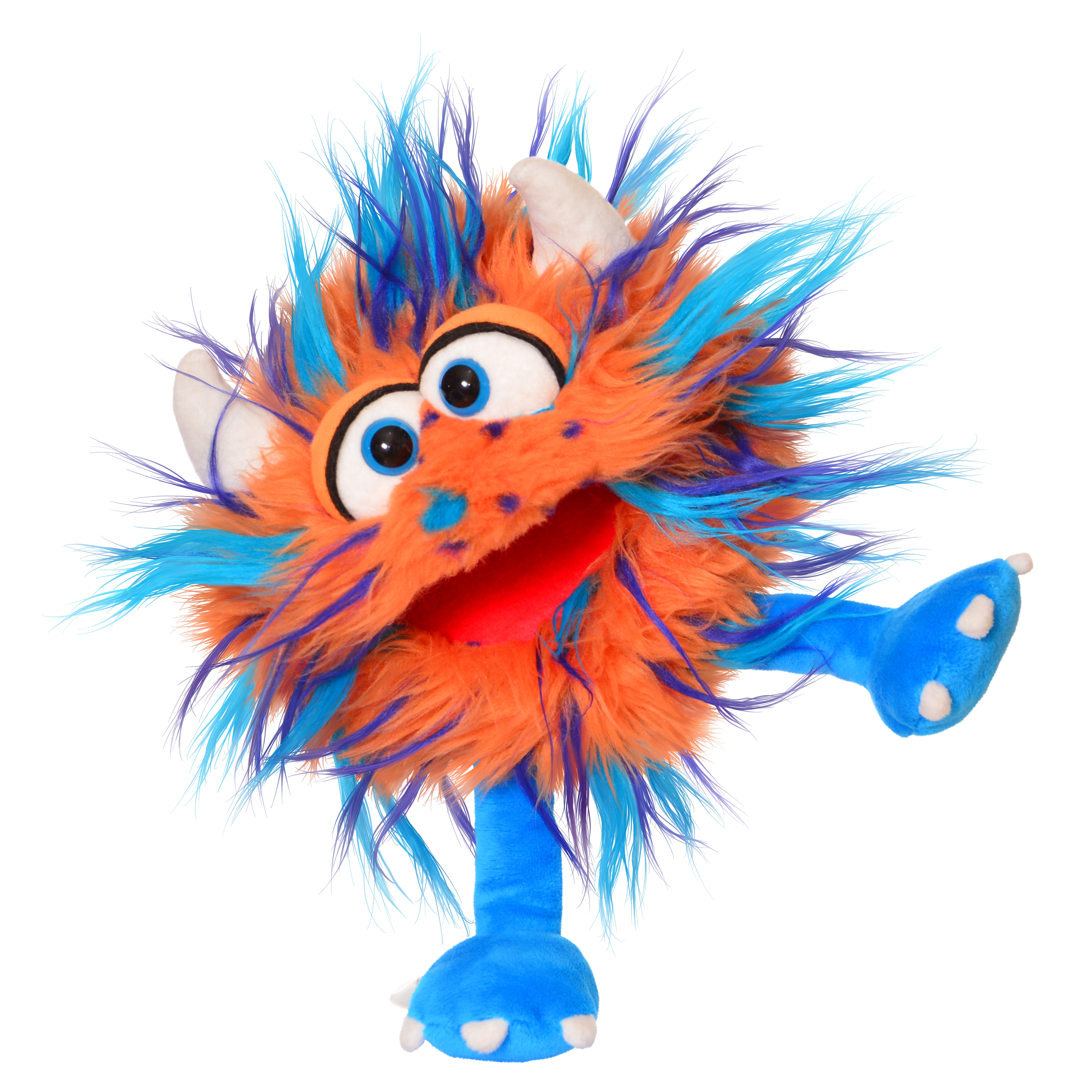 Living Puppets Handpuppe Nubbles, orangefarbenes Zottelmonster mit blau-lila Strähnen, weißen Hörnern und blauen Beinen, ein Bein erhoben